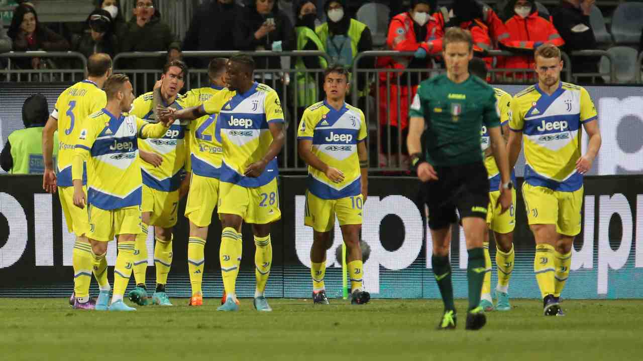Giocatori della Juventus esultano dopo il gol (Credit Foto Ansa)